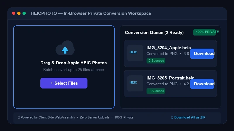HEIC to JPG batch conversion interface with adjustable quality slider and ZIP download queue